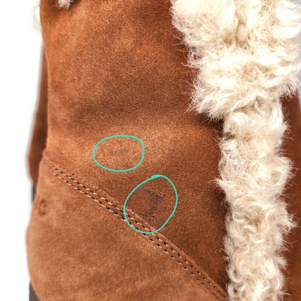 Vionic Unwind Tan Suede Faux Shearling Notched Sides Pull-On Flat Ankle Booties - Picture 13 of 14
